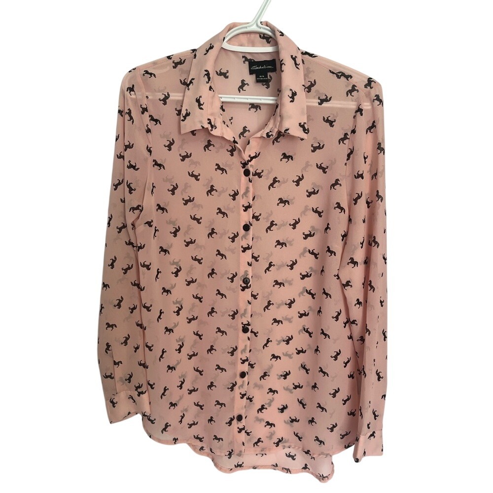 Seductions Horse Print Sheer Button Down Blouse Chiffon Shirt